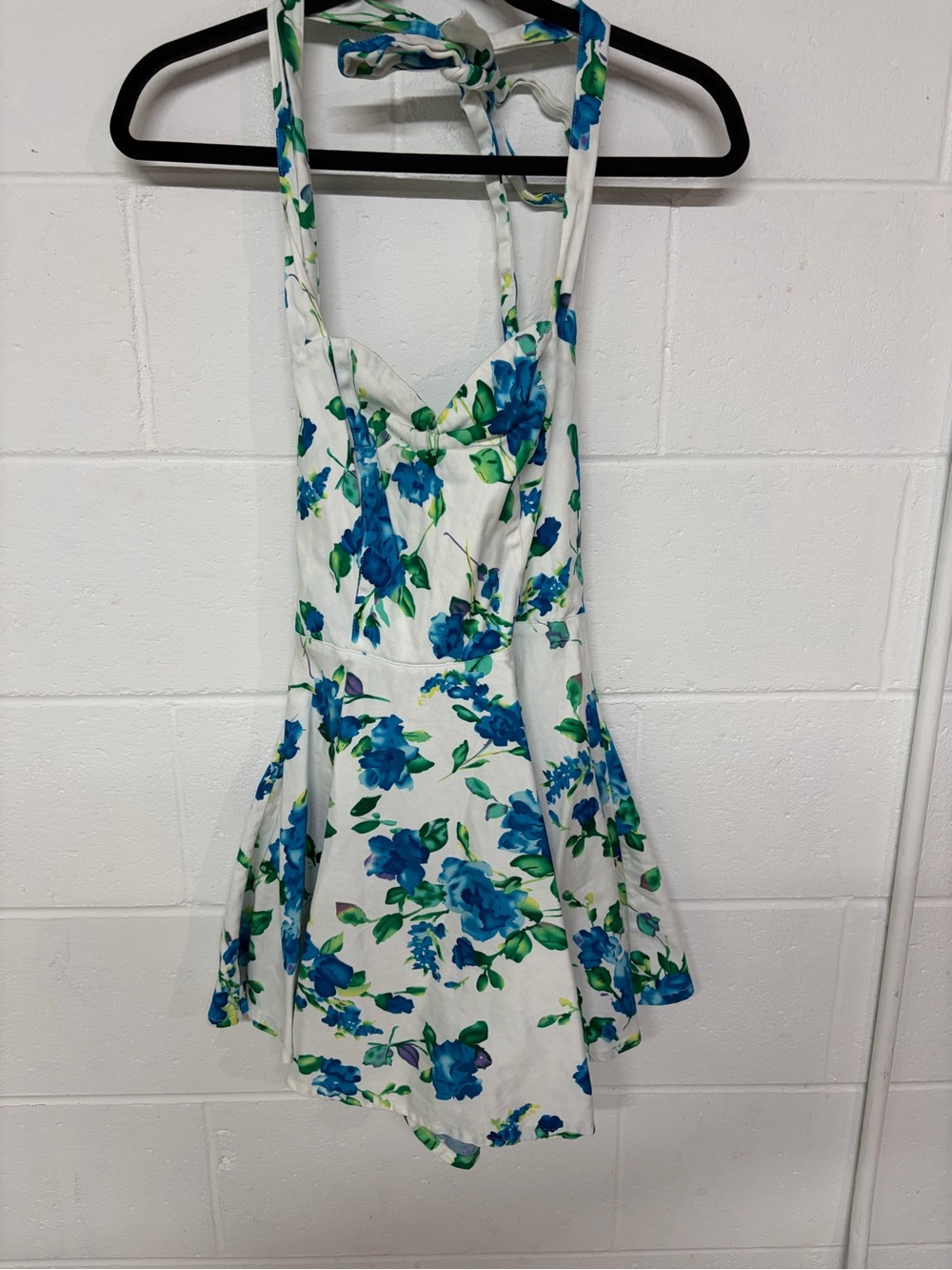 Grace Karin White Halter Mini Dress with Blue & Green Floral Print